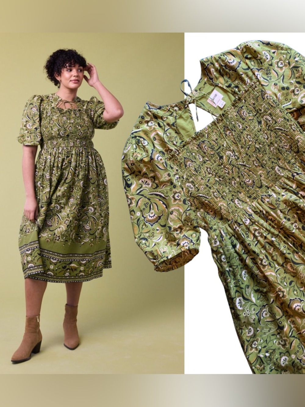 Joanie midi dress puff sleeves smocked green paisley XL